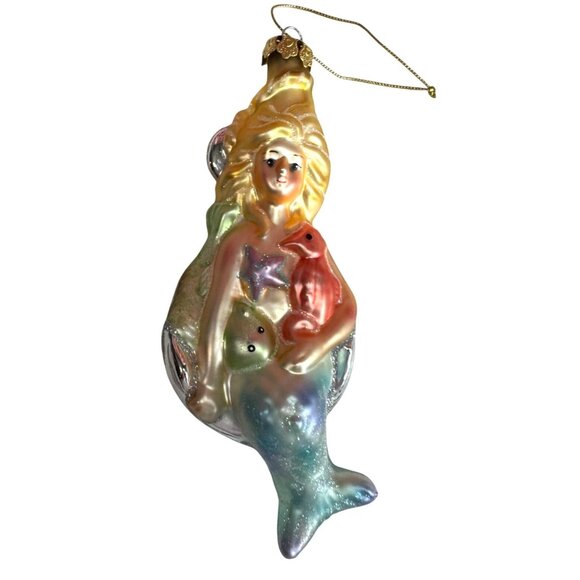 Title:  Mermaid With Seahorse & Starfish Iridescent Blown Glass Ornament 6½" - Picture 1 of 5